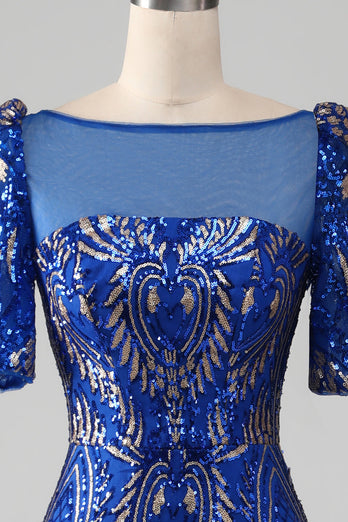 Mermaid Royal Blue glittrande balklänning med korta ärmar