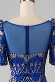 Mermaid Royal Blue glittrande balklänning med korta ärmar