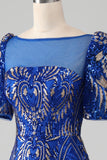 Mermaid Royal Blue glittrande balklänning med korta ärmar
