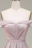 Off the Shoulder Grå Rosa Glittrande Balklänning med Plisserad