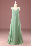 A-linje Lång Chiffong Matcha V-ringning Spaghetti Remmar Junior Bridesmaid Klänning