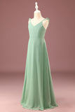 A-linje Lång Chiffong Matcha V-ringning Spaghetti Remmar Junior Bridesmaid Klänning