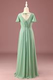 Lång Matcha A-line Chiffong V-ringning Kortärmad Junior Bridesmaid Klänning