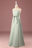 Matcha A-linje Satin Spaghetti Remmar Lång Junior Bridesmaid Klänning