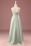 Matcha A-linje Satin Spaghetti Remmar Lång Junior Bridesmaid Klänning