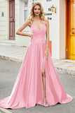 Fuchsia A Line Spaghetti Straps Lång Balklänning med applikationer