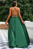 A-linje Spaghetti Straps Backless Lång Satin Balklänning med slits