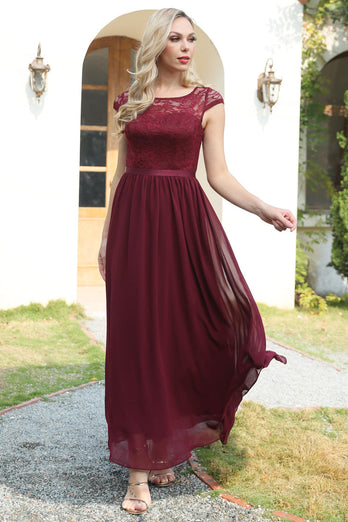 Vinröd kepsärm Chiffong brudtärna klänning