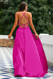 A-linje Spaghetti Straps Backless Lång Satin Balklänning med slits