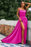 A-linje Spaghetti Straps Backless Lång Satin Balklänning med slits