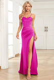 Fuchsia Mermaid Spaghetti Straps Satin Prom Klänning med Split Front