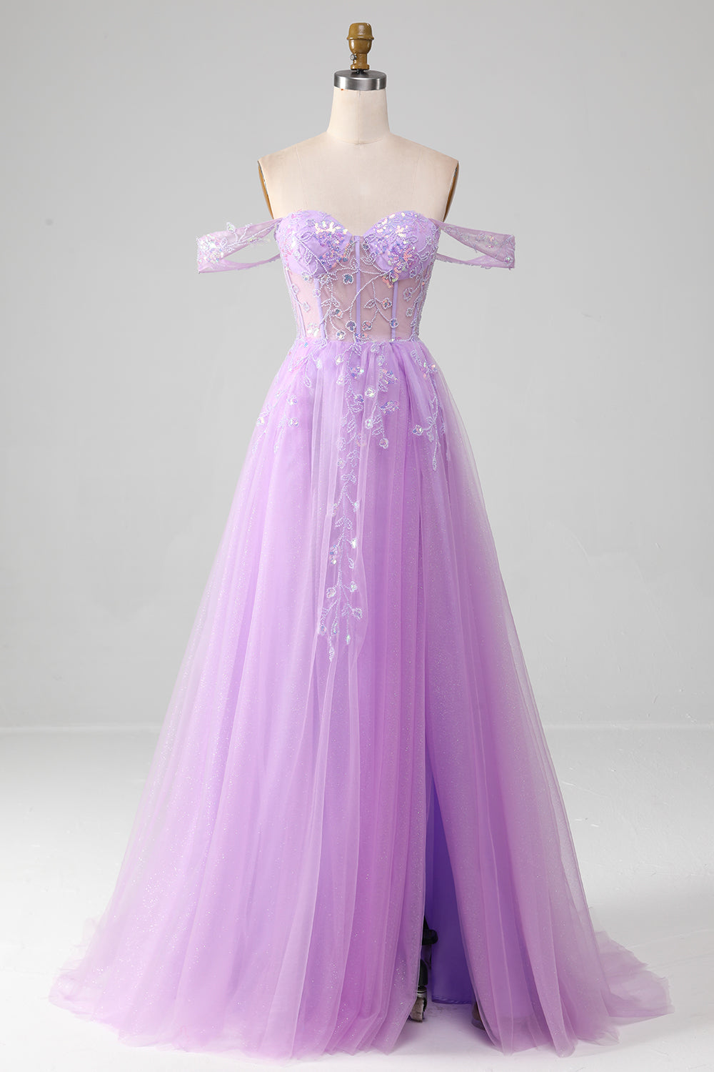 Lavendel A Line Tyll Off the Shoulder Balklänning med slits