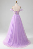 Lavendel A Line Tyll Off the Shoulder Balklänning med slits