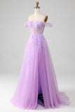 Lavendel A Line Tyll Off the Shoulder Balklänning med slits