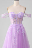 Lavendel A Line Tyll Off the Shoulder Balklänning med slits