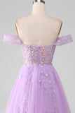 Lavendel A Line Tyll Off the Shoulder Balklänning med slits