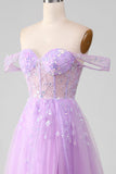 Lavendel A Line Tyll Off the Shoulder Balklänning med slits
