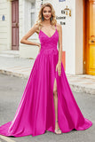 Fuchsia A Line Spaghetti Straps Lång Balklänning med applikationer