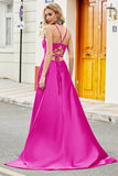 Fuchsia A Line Spaghetti Straps Lång Balklänning med applikationer