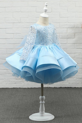 Ljusblå paljettblomma flicka klänning med ärmar