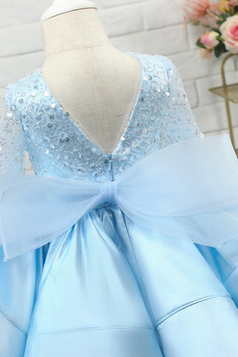 Ljusblå paljettblomma flicka klänning med ärmar