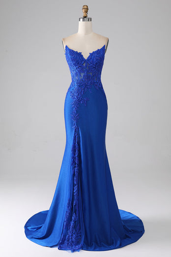 Royal Blue Mermaid Axelbandslös balklänning med pärlor och applikationer