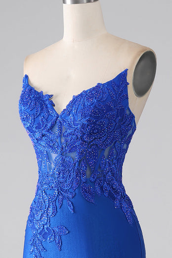 Royal Blue Mermaid Axelbandslös balklänning med pärlor och applikationer