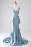 Grå Blå Mermaid Spaghetti Straps Lång pärlstav balklänning med applikationer
