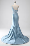 Grå Blå Mermaid Spaghetti Straps Lång pärlstav balklänning med applikationer