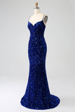Elegant Royal Blue Mermaid Spaghetti Straps Sammet Paljett Lång Balklänning