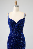 Elegant Royal Blue Mermaid Spaghetti Straps Sammet Paljett Lång Balklänning