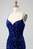 Elegant Royal Blue Mermaid Spaghetti Straps Sammet Paljett Lång Balklänning