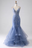 Grå Blå Mermaid Spaghetti Strap Beaded Backless Prom Klänning Med Applikationer