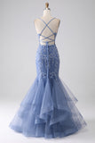 Grå Blå Mermaid Spaghetti Strap Beaded Backless Prom Klänning Med Applikationer