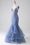 Grå Blå Mermaid Spaghetti Strap Beaded Backless Prom Klänning Med Applikationer