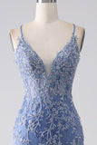 Grå Blå Mermaid Spaghetti Strap Beaded Backless Prom Klänning Med Applikationer