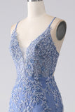 Grå Blå Mermaid Spaghetti Strap Beaded Backless Prom Klänning Med Applikationer