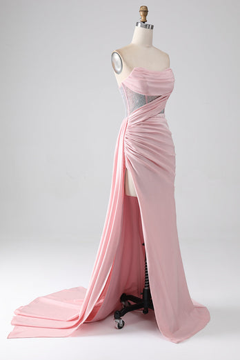 Rosa sjöjungfru axelbandslös pärlstav plisserad lång balklänning med hög slits