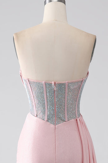 Rosa sjöjungfru axelbandslös pärlstav plisserad lång balklänning med hög slits