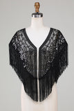 Svarta Paljetter Glitter 1920-tals cape med fransar
