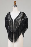 Svarta Paljetter Glitter 1920-tals cape med fransar
