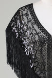 Svarta Paljetter Glitter 1920-tals cape med fransar