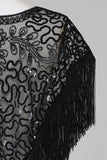 Svarta Paljetter Glitter 1920-tals cape med fransar