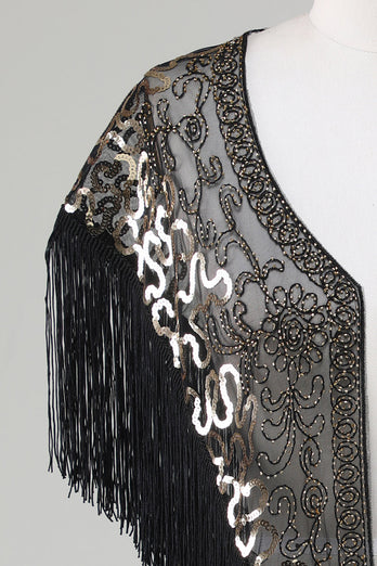 Svarta Paljetter Glitter 1920-tals cape med fransar