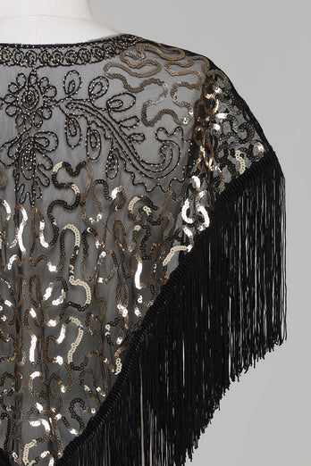 Svarta Paljetter Glitter 1920-tals cape med fransar