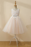 Champagne Pärlstav Tulle Flower Girl Klänning