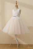 Champagne Pärlstav Tulle Flower Girl Klänning