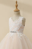 Champagne Pärlstav Tulle Flower Girl Klänning