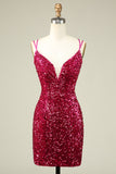 Snygg Fuchsia Spaghetti Straps Tight Homecoming Klänning