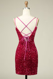Snygg Fuchsia Spaghetti Straps Tight Homecoming Klänning